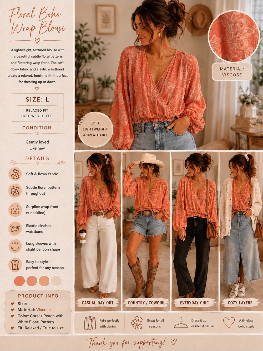 Floral Boho Wrap Blouse - Coral / Peach